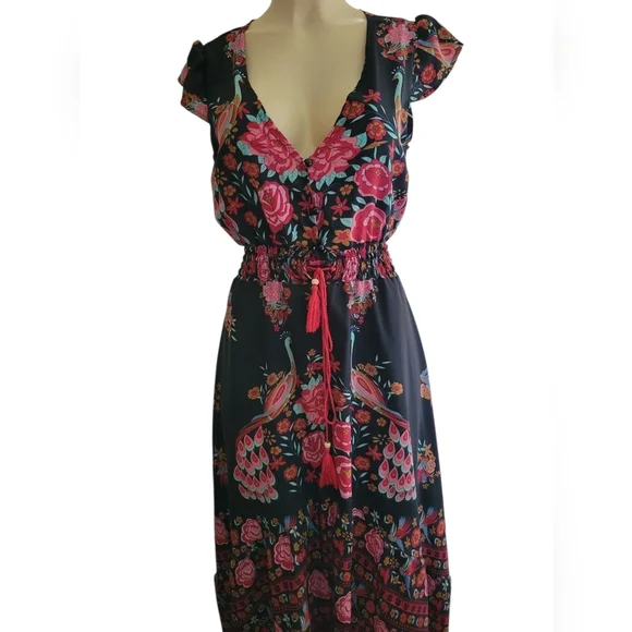 Oriental Cover Up Dress Black Peacock Asian Small Vacation - Picture 2 of 4